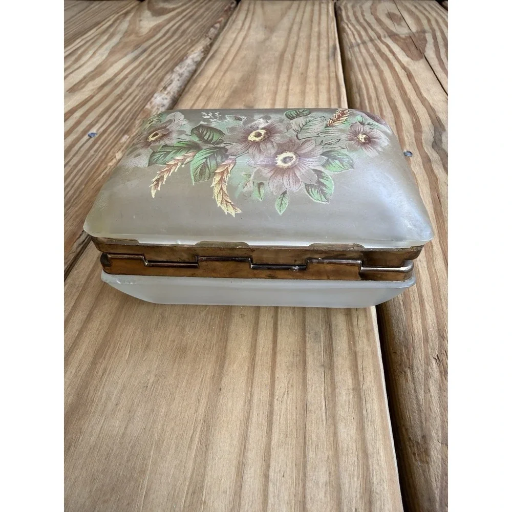 Vintage Frosted Glass Trinket Box Hand Painted Flowers Brass Hinged Vanity Decor